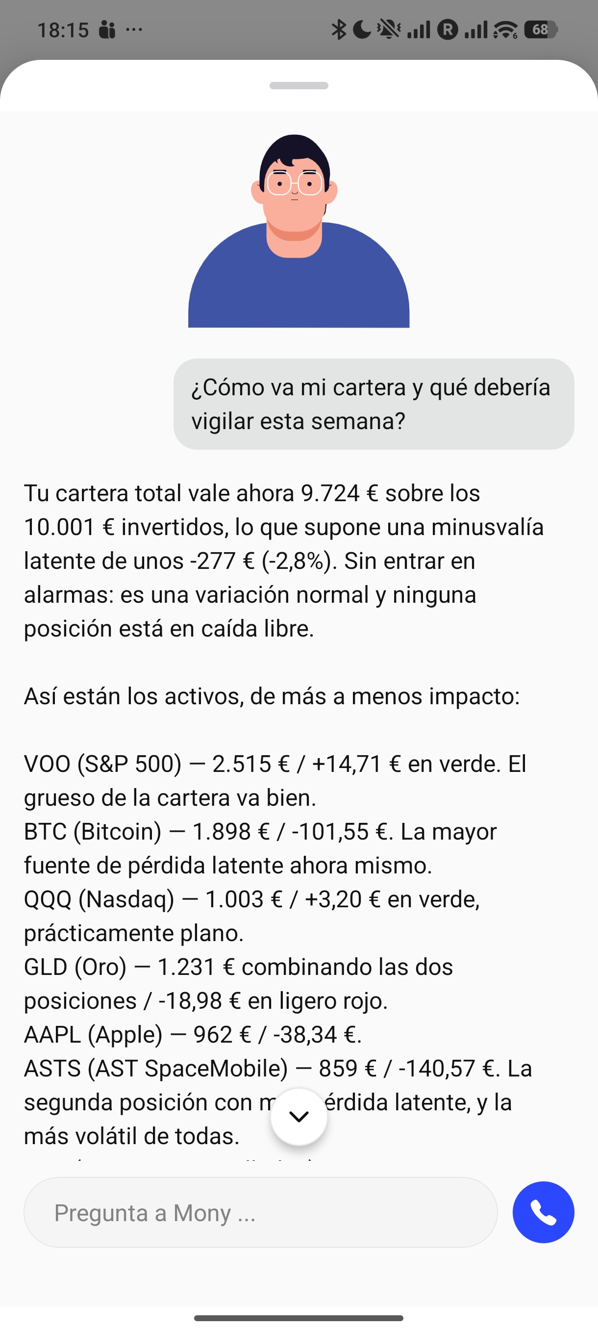 Conversación con el asistente de IA de Mony sobre la cartera